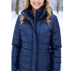 Rampage Womens Puffer Jacket Hooded Quilted Full Zip Navy Blue Gold Accent
